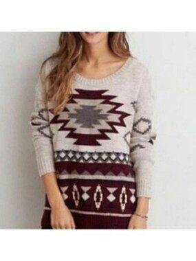 American Eagle Maroon Prescott Aztec Print Sweater